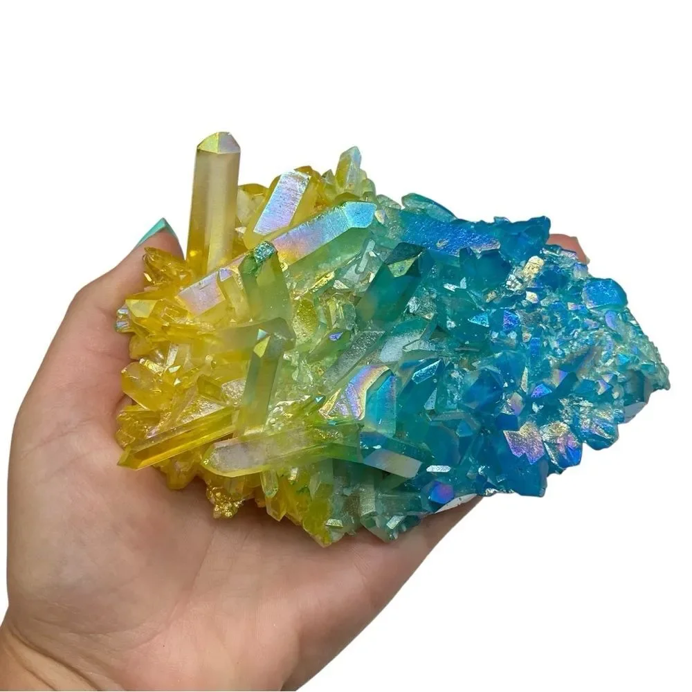 Aura Quartz Crystal Cluster Yellow Blue Clear Iridescent Stone Display Gift